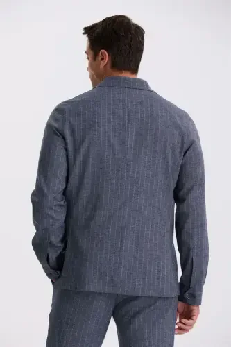 Navy Blue Slim Fit Mandarin Collar Linen Blend Double-Vented Pinstripe Suit - 4