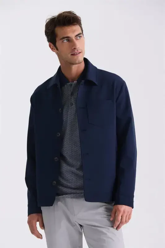 Navy Blue Slim Fit Mock Neck Semi-Season Coat - 1