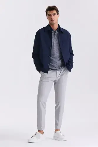 Navy Blue Slim Fit Mock Neck Semi-Season Coat - 2