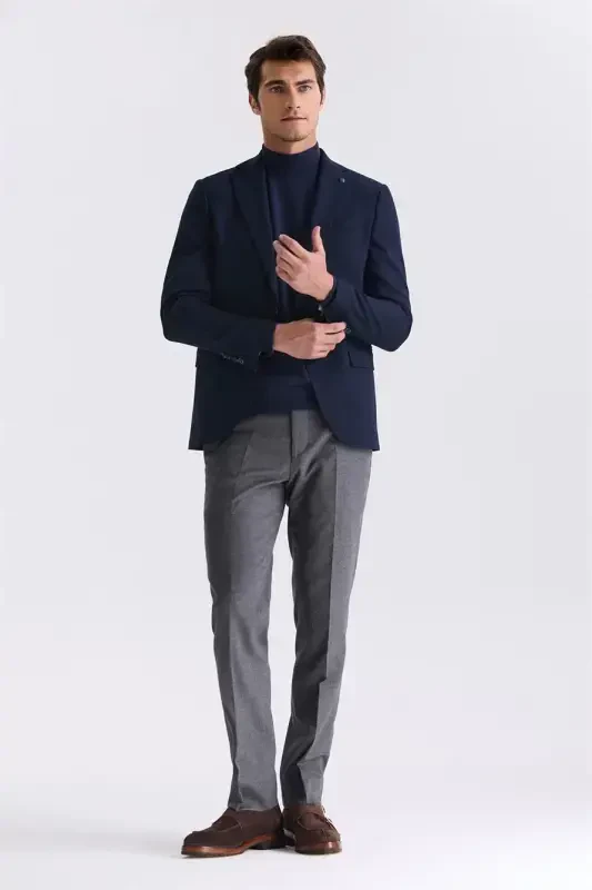 Navy Blue Slim Fit Mono Collar Double Vents Sports Jacket - 2