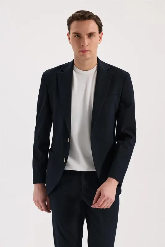Navy Blue Slim Fit Mono Collar Flexible Sports Jacket - 2