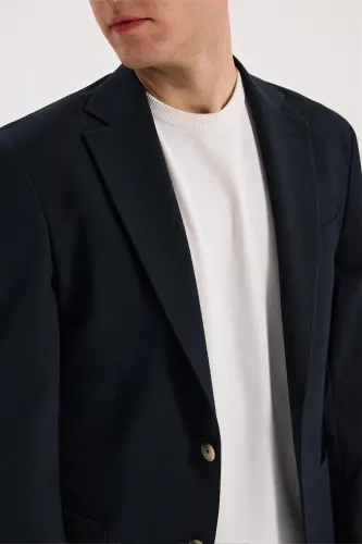 Navy Blue Slim Fit Mono Collar Flexible Sports Jacket - 3