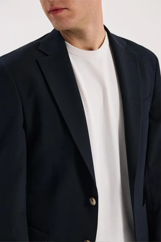 Navy Blue Slim Fit Mono Collar Flexible Sports Jacket - 3
