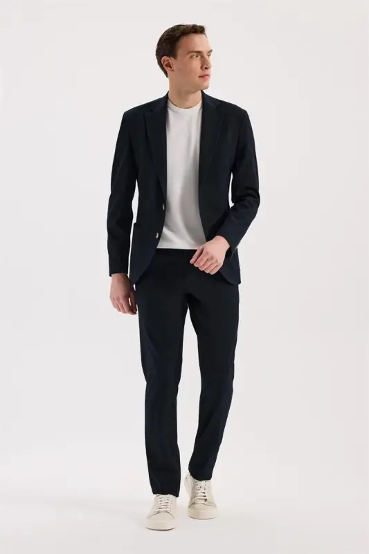 Navy Blue Slim Fit Mono Collar Flexible Sports Jacket - JAKAMEN