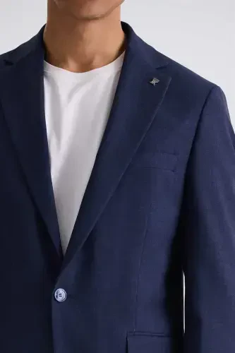 Navy Blue Slim Fit Mono Collar Single Button Sports Suit - 3