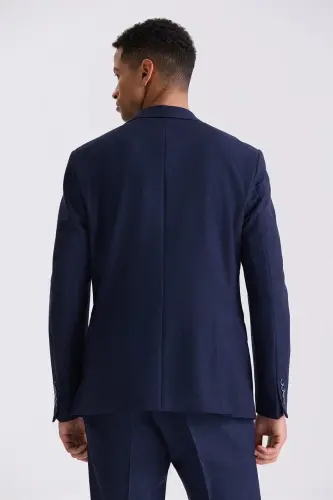 Navy Blue Slim Fit Mono Collar Single Button Sports Suit - 4