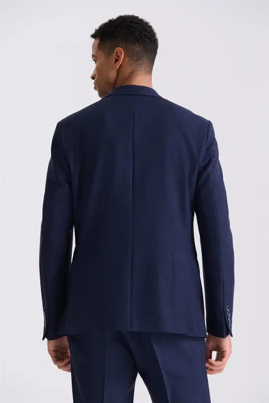 Navy Blue Slim Fit Mono Collar Single Button Sports Suit - 4