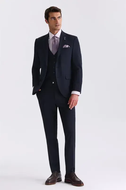 Navy Blue Slim Fit Mono Collar Waistcoat Suit - JAKAMEN