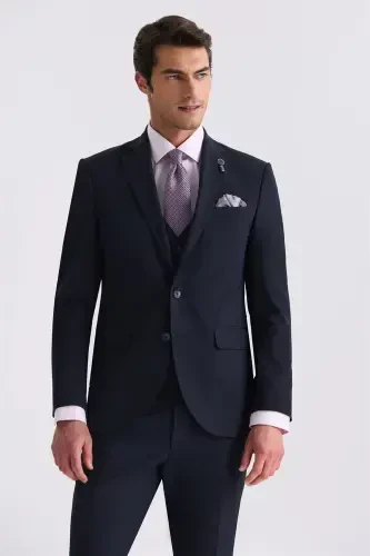 Navy Blue Slim Fit Mono Collar Waistcoat Suit - JAKAMEN (1)