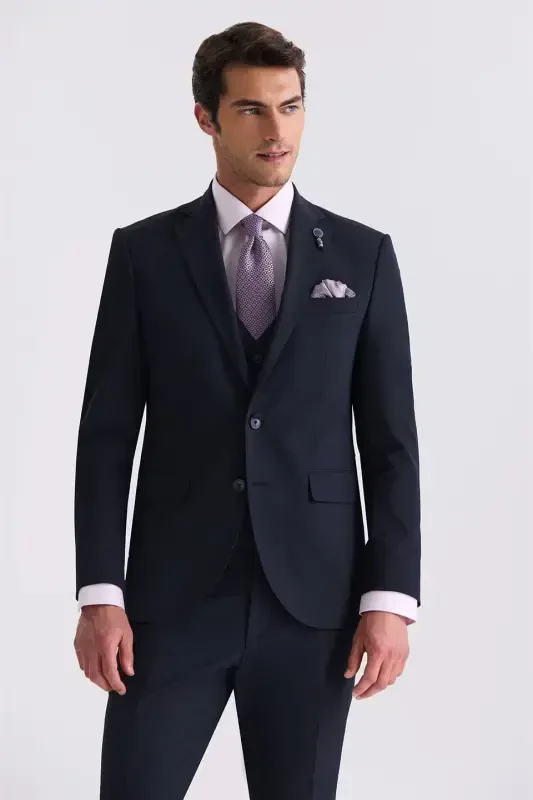 Navy Blue Slim Fit Mono Collar Waistcoat Suit - 2