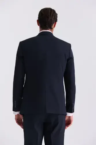 Navy Blue Slim Fit Mono Collar Waistcoat Suit - 4