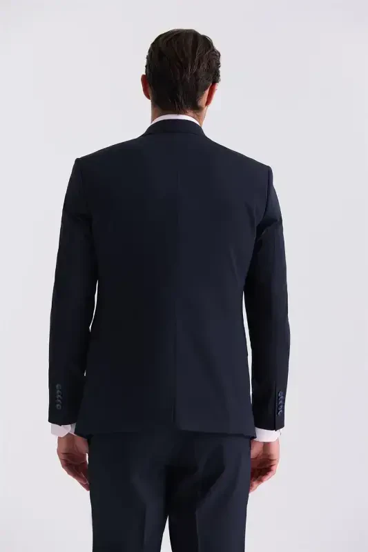 Navy Blue Slim Fit Mono Collar Waistcoat Suit - 4