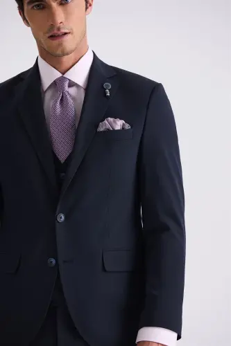 Navy Blue Slim Fit Mono Collar Waistcoat Suit - 3