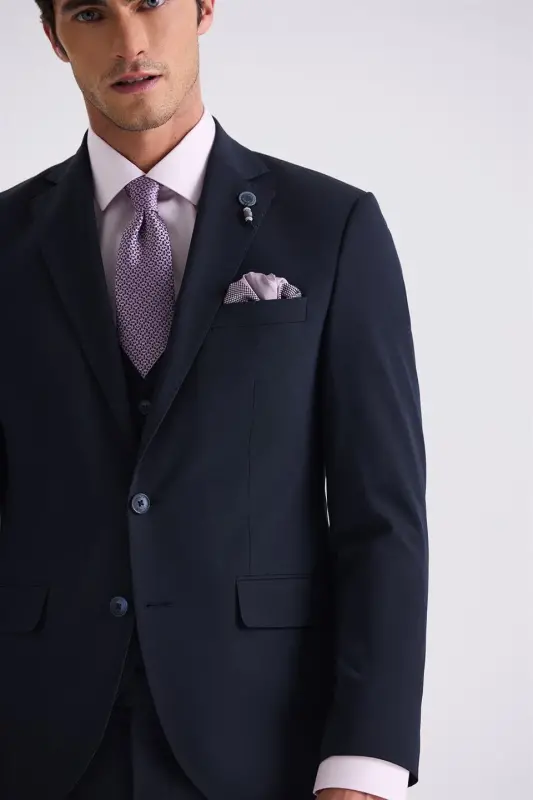 Navy Blue Slim Fit Mono Collar Waistcoat Suit - 3