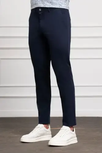 Navy Blue Slim Fit Narrow Cut Chino Side Pocket Men's Trousers - 2