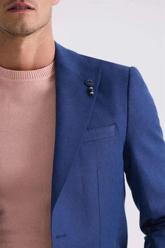 Navy Blue Slim Fit Notch Collar Linen Sport Coat - 3