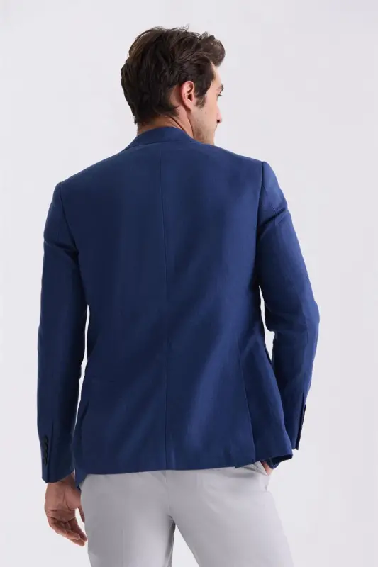 Navy Blue Slim Fit Notch Collar Linen Sport Coat - 4