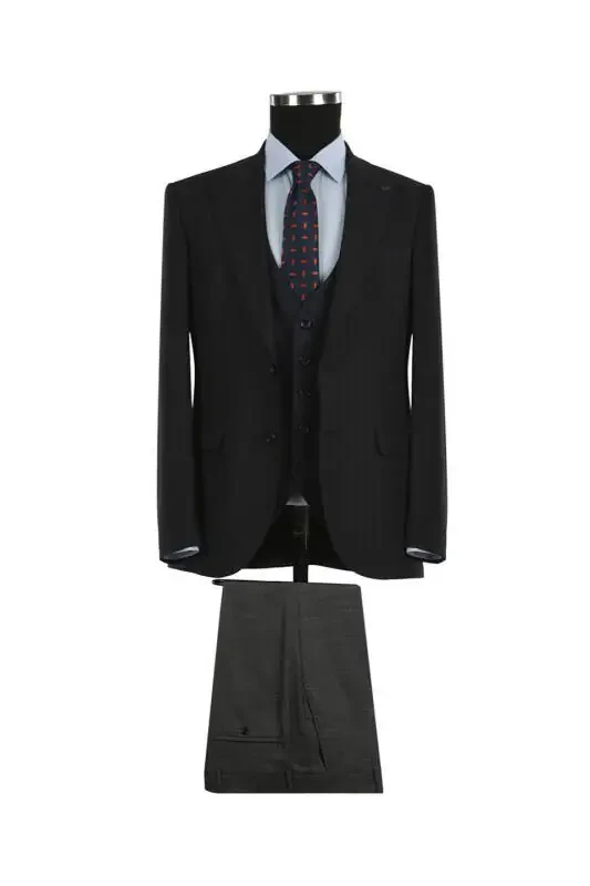 Navy Blue Slim Fit Notched Lapel Striped Combined Vest Suit - 1