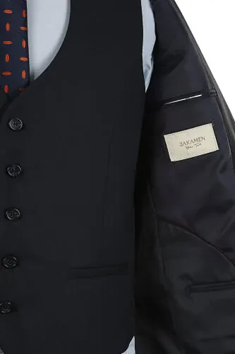 Navy Blue Slim Fit Notched Lapel Striped Combined Vest Suit - 4