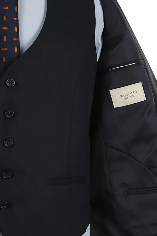 Navy Blue Slim Fit Notched Lapel Striped Combined Vest Suit - 4