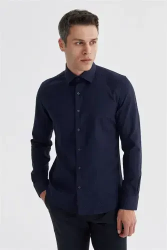 Navy Blue Slim Fit Patterned Classic Tie Cotton Shirt 