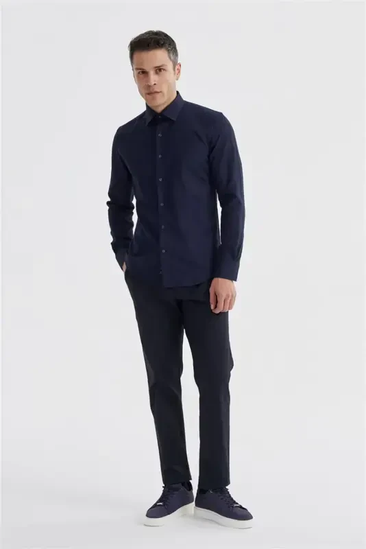 Navy Blue Slim Fit Patterned Classic Tie Cotton Shirt - 2