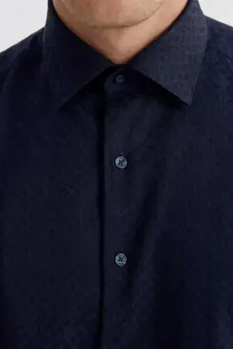 Navy Blue Slim Fit Patterned Classic Tie Cotton Shirt - 3