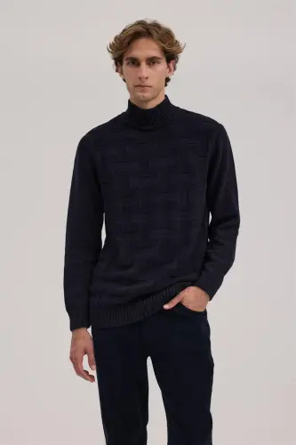 Navy Blue Slim Fit Patterned Cotton Turtleneck Knitwear 