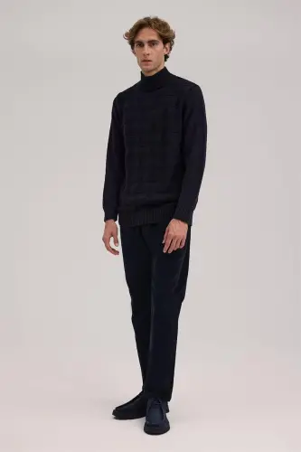 Navy Blue Slim Fit Patterned Cotton Turtleneck Knitwear - 2