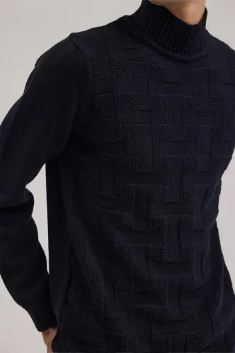 Navy Blue Slim Fit Patterned Cotton Turtleneck Knitwear - 3