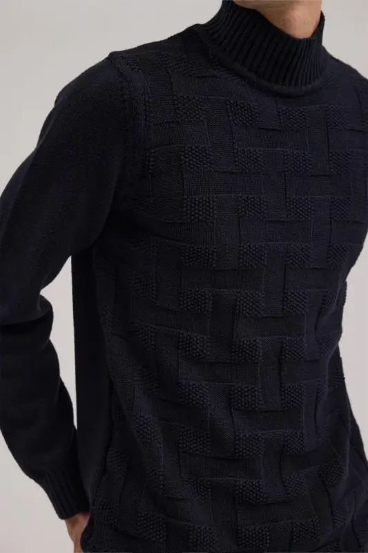 Navy Blue Slim Fit Patterned Cotton Turtleneck Knitwear - 3