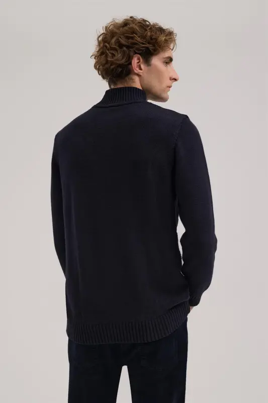 Navy Blue Slim Fit Patterned Cotton Turtleneck Knitwear - 4