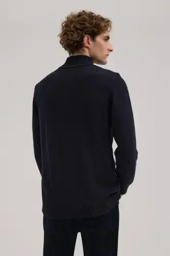 Navy Blue Slim Fit Patterned Cotton Turtleneck Knitwear - 4