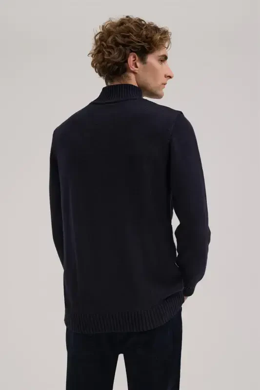 Navy Blue Slim Fit Patterned Cotton Turtleneck Knitwear - 4