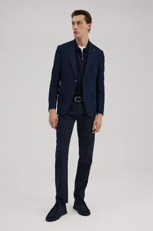 Navy Blue Slim Fit Patterned Pointed Collar Jacket - JAKAMEN