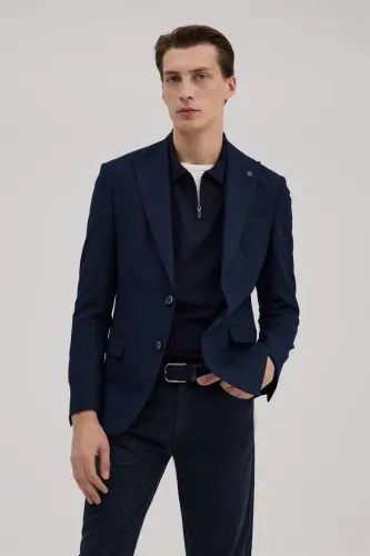 Navy Blue Slim Fit Patterned Pointed Collar Jacket - JAKAMEN (1)