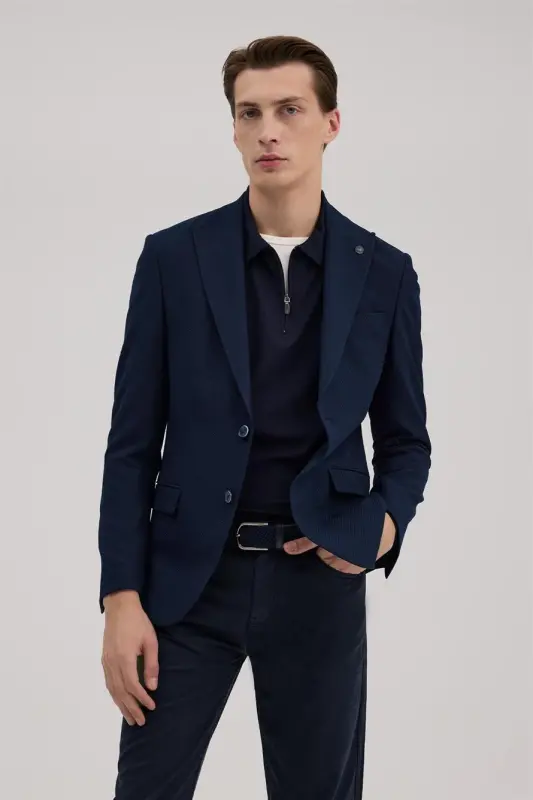 Navy Blue Slim Fit Patterned Pointed Collar Jacket - 2