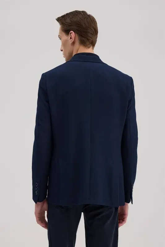 Navy Blue Slim Fit Patterned Pointed Collar Jacket - 4