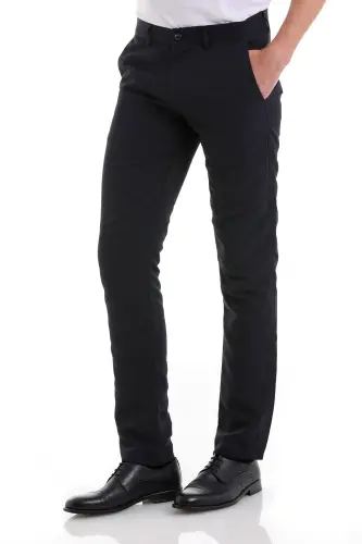 Navy Blue Slim Fit Patterned Side Pocket Canvas Pants - 2