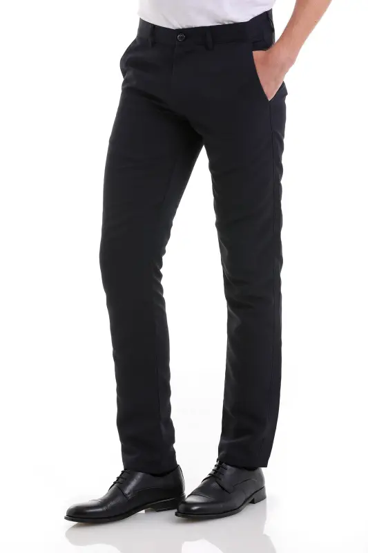 Navy Blue Slim Fit Patterned Side Pocket Canvas Pants - 2