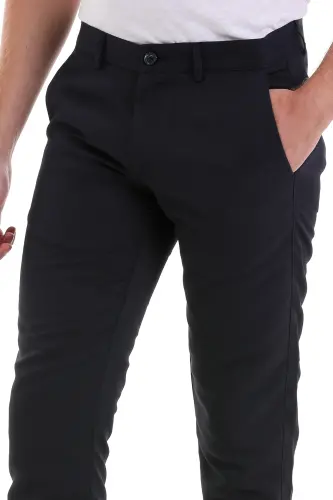 Navy Blue Slim Fit Patterned Side Pocket Canvas Pants - 3