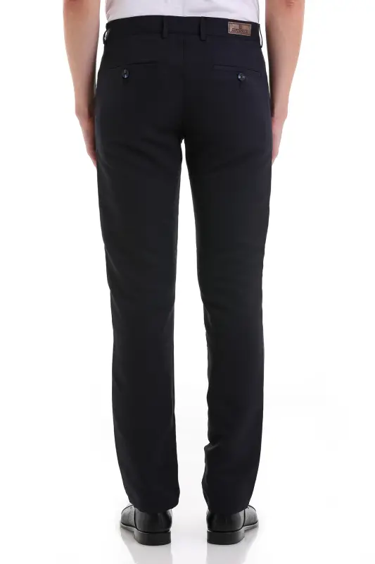 Navy Blue Slim Fit Patterned Side Pocket Canvas Pants - 5