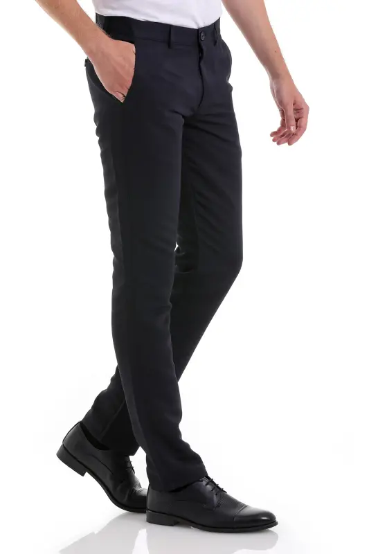 Navy Blue Slim Fit Patterned Side Pocket Canvas Pants - 4