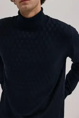Navy Blue Slim Fit Patterned Turtleneck Knitwear - 3