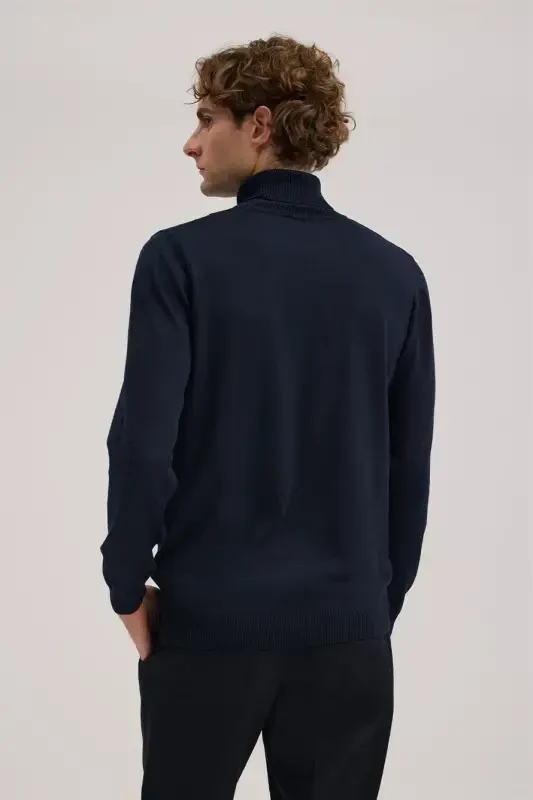 Navy Blue Slim Fit Patterned Turtleneck Knitwear - 4