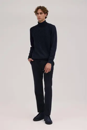 Navy Blue Slim Fit Patterned Turtleneck Knitwear - JAKAMEN (1)