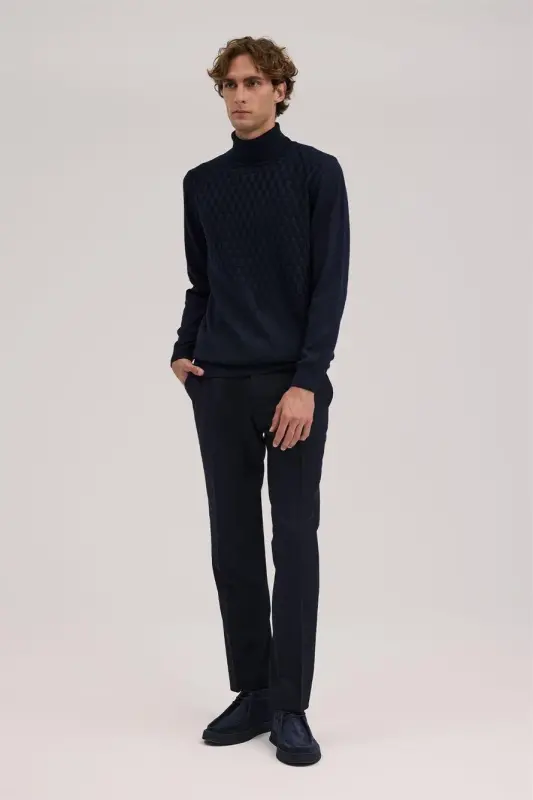 Navy Blue Slim Fit Patterned Turtleneck Knitwear - 2