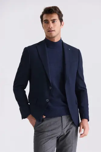 Navy Blue Slim Fit Peak Lapel Double Vent Casual Blazer - 1