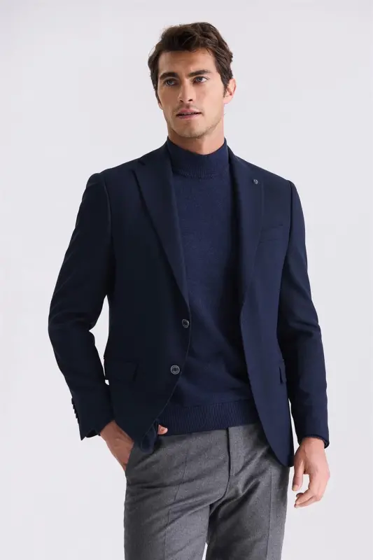 Navy Blue Slim Fit Peak Lapel Double Vent Casual Blazer - 1