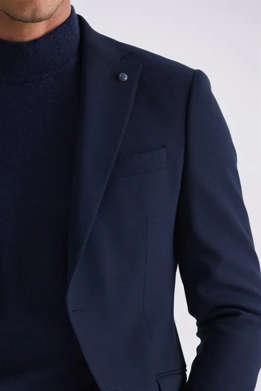Navy Blue Slim Fit Peak Lapel Double Vent Casual Blazer - 3